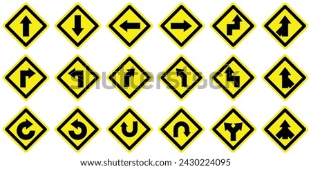 set yellow curve double sharp turns right l arrow split road traffic warning caution sign icon. exclamation, hazard sign symbol logo design for web mobile isolated white background illustration.