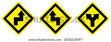 yellow double sharp turns right left arrow split road traffic warning caution sign direction icon. exclamation, hazard sign symbol logo design for web mobile isolated white background illustration.