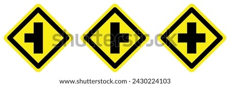 yellow Intersection junction cross right and left road traffic sign arrow direction icon crossroad. exclamation, hazard sign symbol logo design for web mobile isolated white background illustration.