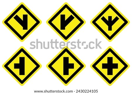 yellow y Intersection junction cross split road traffic sign arrow direction icon. exclamation, hazard sign symbol logo design for web mobile isolated white background illustration.