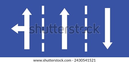 Set highway blue traffic sign three line road opposite straight direction or left turn primited arrow. Mandatory information route coution symbol collection web mobile isolated white illustration.