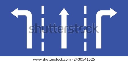 Set highway blue traffic sign three line road straight direction turn left and right white arrow. Mandatory information route coution symbol collection for web mobile isolated white background