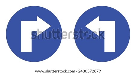 set blue circle shape sharp turn right and left arrow road traffic mandatory sign direction icon. highway route collection road flat symbol for web mobile isolated white background illustration.