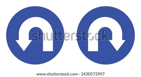 set blue circle shape uturns right and left junction arrow road traffic mandatory sign direction. highway route collection road flat symbol for web mobile isolated white background illustration.