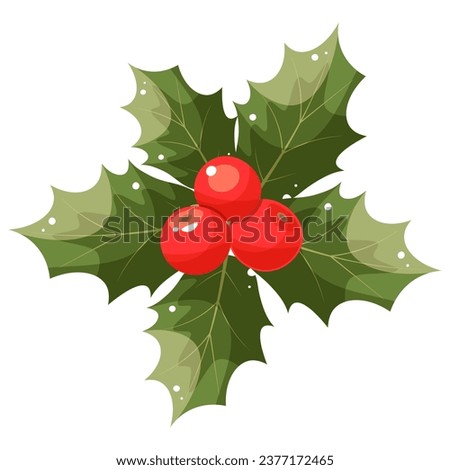 Christmas holly berry flat icon in cartoon style. Green leaves and red berries isolated on white background. Elements suitable for decorative Christmas festival, New year invitations, greeting cards.