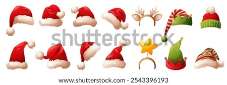 Big set of different red Christmas Santa Claus hats. Caps with white fur and pompoms, striped green and red elf hats, headband with star and deer antlers. Vector hats for winter holiday decoration.