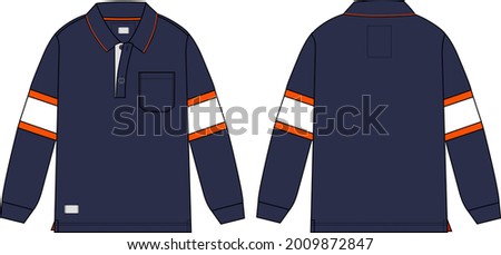 Long sleeve Polo shirt with pocket Overall technical fashion Drawing Flat sketch template front and back view. apparel dress design vector illustration mockup Polo tee CAD.