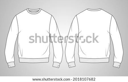 Round neck Long sleeve Sweatshirt overall fashion Flat Sketches technical drawing vector template For men's. Apparel dress design mockup CAD illustration. Sweater fashion design isolated on white.