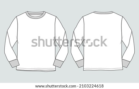 Long sleeve T shirt overall technical fashion flat sketch vector Illustration template front and back views isolated on Grey background. Basic apparel Design Mock up for Men's, Kids and boys.  Stok fotoğraf © 