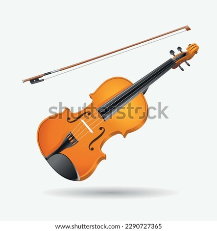 Vector illustration string musical instrument. Violin with a bow on a white background