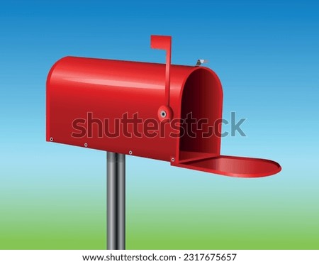 Red mailbox with a raised flag and an open door. Vector realistic 3d illustration