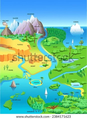 Landscape with geographical features. Natural objects. Science vector 3d illustration.