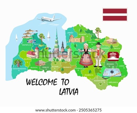 Welcome to Latvia. Travel map of Latvia. Vector art illustration