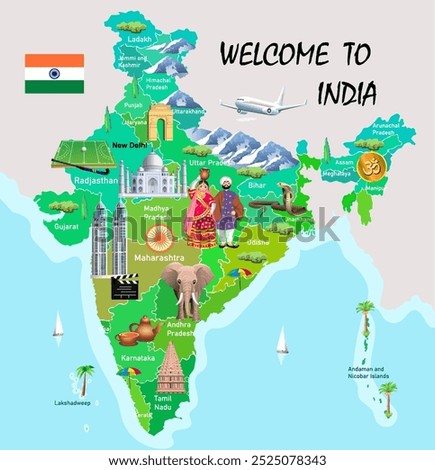 Welcome to India. Tourist map of India. Indian attractions. Vector art illustration