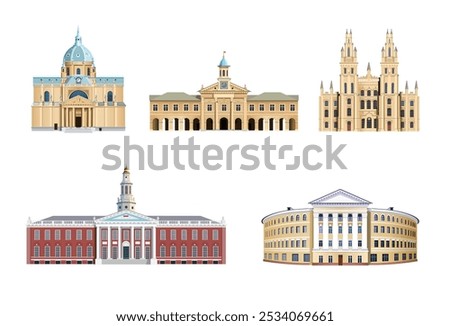 Set of education buildings. Sorbonne University, Cambridge University, Oxford University, Garvard University, Kyiv-Mohyla Academy. Vector art illustration