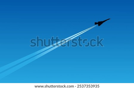 Supersonic flying plane against blue sky. Vector art illustration