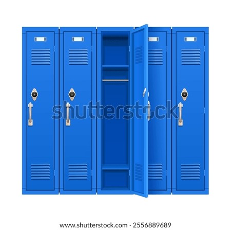 Five school lockers with combination locks on a white background. Locker with an open door. Vector illustration