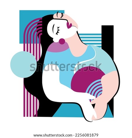 Illustration of a girl holding a circle in her hands, in the style of Pablo Picasso
