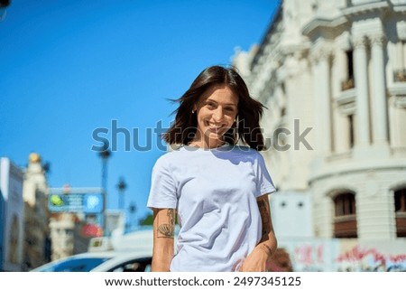 Similar – Image, Stock Photo Traveler woman brunette with long hair, backpack hiking trough the nature in mountains fall seasons