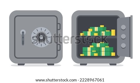 Closed bank safe and open safe with money and gold coins. Vector.