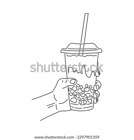 Line drawing hand holding a bubble tea plastic cup. Vector.