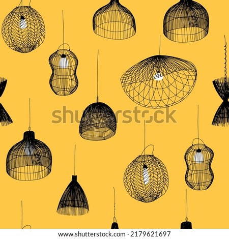 Seamless pattern with rattan lamps. Vector black and white illustration for creating a logo for an interior design studio or lighting studio.