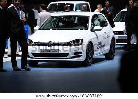 GENEVA, MARCH 6 : A Volkswagen Golf TDI BlueMotion car on display at 84th international Geneva motor show Show Palexpo-Geneva on March 6, 2014 in Geneva, Switzerland.