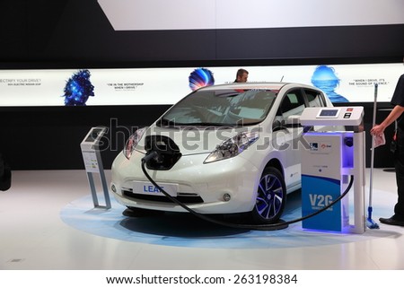 GENEVA, MARCH 3: Nissan Leaf Electric car on display at 85th international Geneva motor Show at Palexpo-Geneva on March 3, 2015 at Geneva, Switzerland.