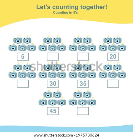 Counting the camera game for Preschool Children. This worksheet is suitable for educating early age children to count multiples of five. Educational printable math worksheet. Additional worksheet