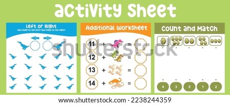Bundle activity kit for toddlers with Dinosaurs theme. The cute cartoon of the prehistoric animal Count and math page. Subtractions page. Left or Right game. Kawaii vector illustration file.