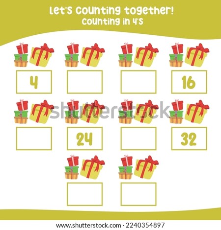 Counting by four's the Xmas present boxes. practising math in multiple of 4s activity worksheet for kids, write the missing numbers, math multiples. Educational printable math worksheet for children. 
