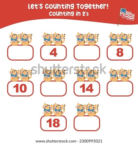 Counting in 2's with the American Independence Day Edition. Cute and kawaii orange kitten. Math activity, write the missing numbers, math multiples in two’s in 4th July theme. Educational page. 