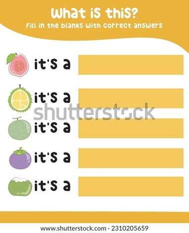 Colorful writing practice with the tropical fruits. Fill in the blanks with correct answers. Kids educational game. Printable worksheet for preschool. Writing practice for children. Vector file.