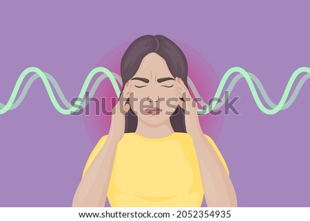 Woman with headache suffering from noise and loud music. The negative impact of microwaves, wifi, 5G on humans. Stressed woman vector isolated.
