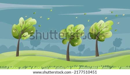Green trees in the park in a windy and cloudy weather. 
Falling leaves and strong wind blowing. Landscape flat vector illustration.