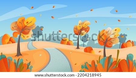 Autumn park at windy weather. Falling leaves from trees during a windstorm. Fall foliage season landscape cartoon vector illustration concept.
