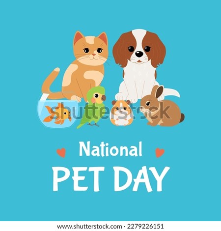 National Pet Day. Holiday design with cute animals for social media post, banner, poster, card. Vector flat illustration isolated on blue background