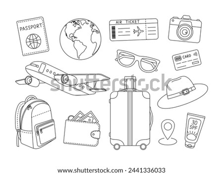 Travel set coloring page. Outline set with passport, globe, air ticket, camera, plane, sunglasses, credit card, backpack, wallet, suitcase. Adventure, tourism, vacation, trip. Coloring book for print