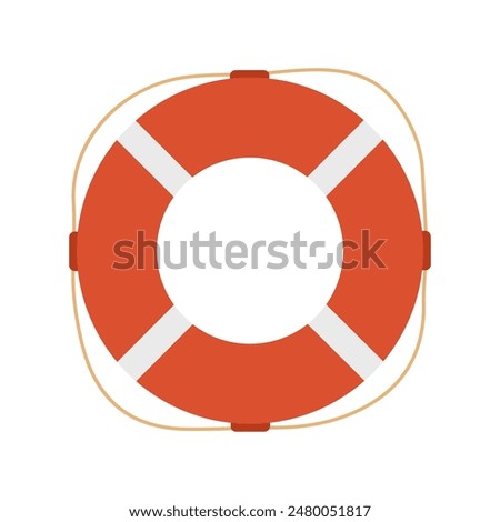 Red lifebuoy with white stripes and rope. Life preserver, protection and rescue equipment. Vector flat illustration isolated on white background