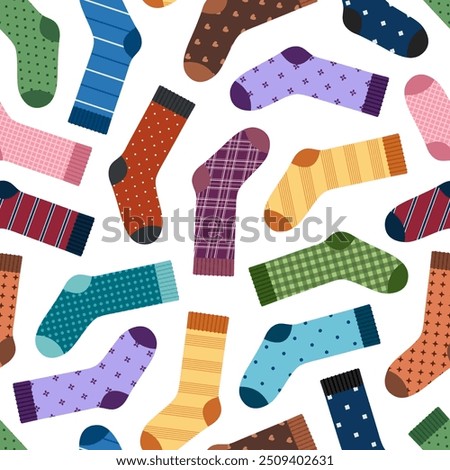 Seamless pattern with socks. Colored pairs of socks with different ornaments on white background. Foot apparel collection. Cotton and wool accessory. Vector flat illustration 