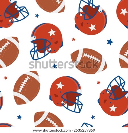 Seamless pattern with american football helmets, balls and stars on white background. Sport equipment. Competition and training. Vector flat illustration