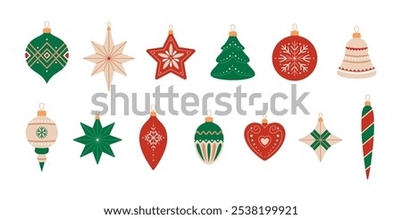 Christmas tree decorations set with different shapes: ball, star, tree, heart, bell, cone, icicle. Vintage holiday ornaments in red, green and beige colors. Xmas toys collection isolated on white 