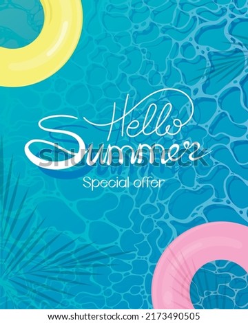 Flyer special summer offer on abstract water waves on the background of the pool and palm leaves shadow frame a4. Blue ripples with highlights in cartoon flat style