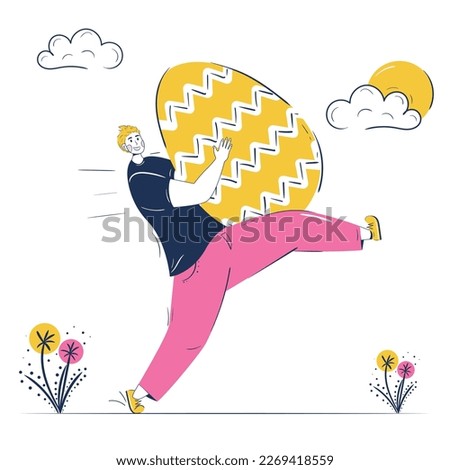 young man carries a huge Easter egg down the street and writes off to the church. Vector illustration for street event, festival and fair, banner, poster design