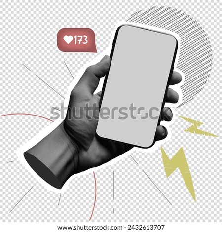 Trendy vintage halftone collage concept male hand holding smartphone. The blogger will view the likes. Viral content on social networks. Creative work