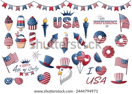 Large set collection of 4th of July USA Independence Day with cartoon items