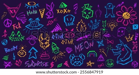 Set of neon creepy graffiti in trendy street style Y2K. Collection of abstract lettering , quick sketches of evil animals, angular chaotic lines, dirty ink symbols  