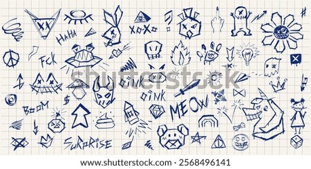 Notebook page pen and markers doodles set. Collection of abstract lettering , quick sketches of evil animals, angular chaotic lines, dirty ink symbols