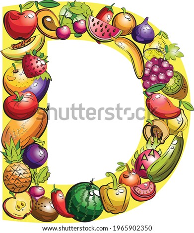 letter D. Fruit letters. Collage of colored fruits and vegetables on the letter of the alphabet Zdjęcia stock © 