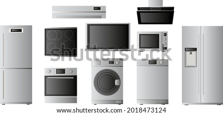A Set Of Electronic Household Appliances. Vector illustration on a white background. Refrigerator, microwave oven, electric oven, hob, washing machine, dishwasher, air conditioning, TV, extractor hood